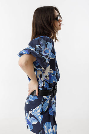 Frida Linen Shorts - Navy Hibiscus Print