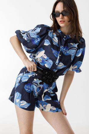 Frida Linen Shorts - Navy Hibiscus Print