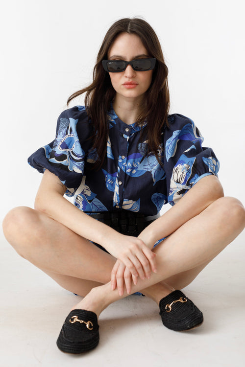 Bubble Linen Shirt - Navy Hibiscus Print