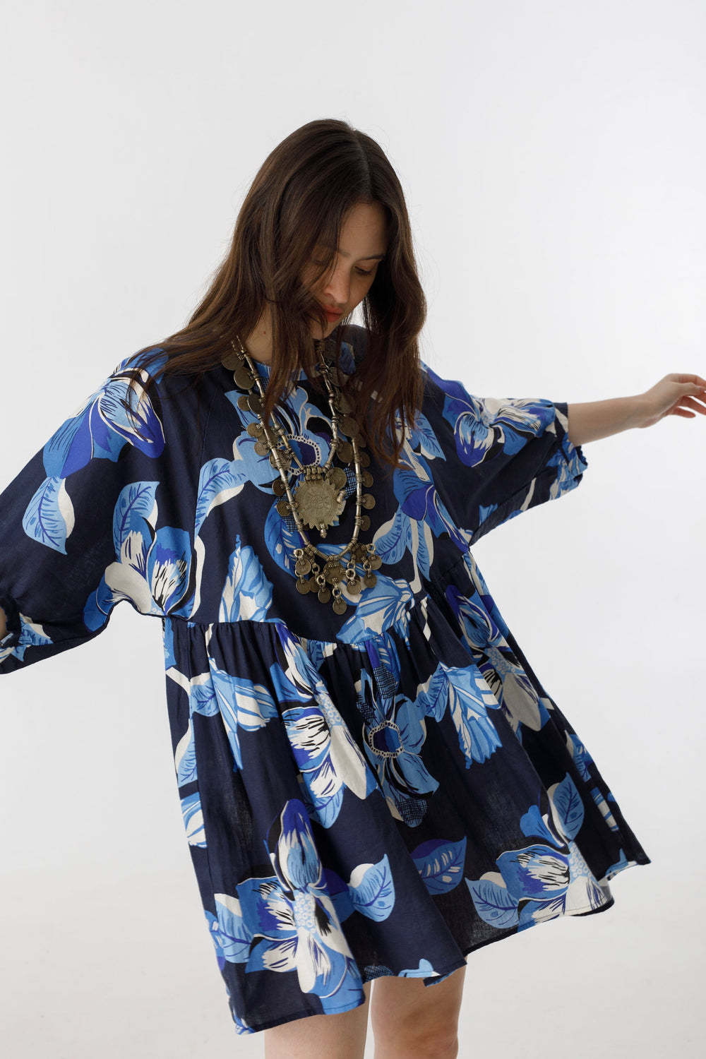 Alcala Linen Dress - Navy Hibiscus Print