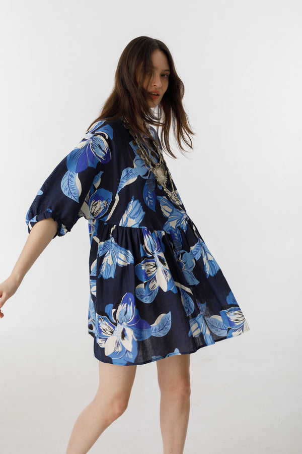 Alcala Linen Dress - Navy Hibiscus Print