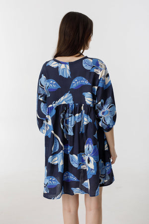 Alcala Linen Dress - Navy Hibiscus Print