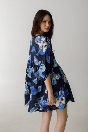 Alcala Linen Dress - Navy Hibiscus Print