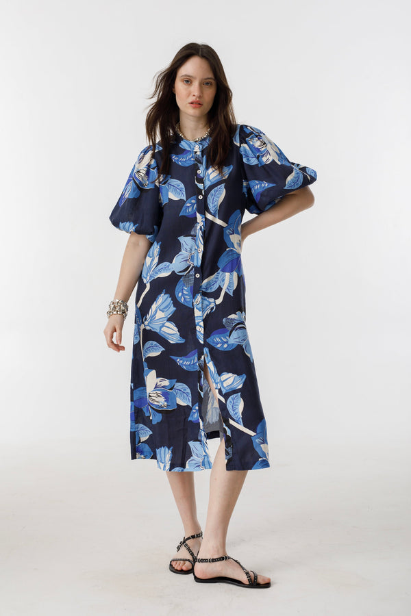 Bubble Linen Dress - Navy Hibiscus Print