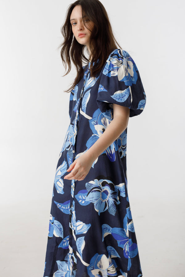 Bubble Linen Dress - Navy Hibiscus Print