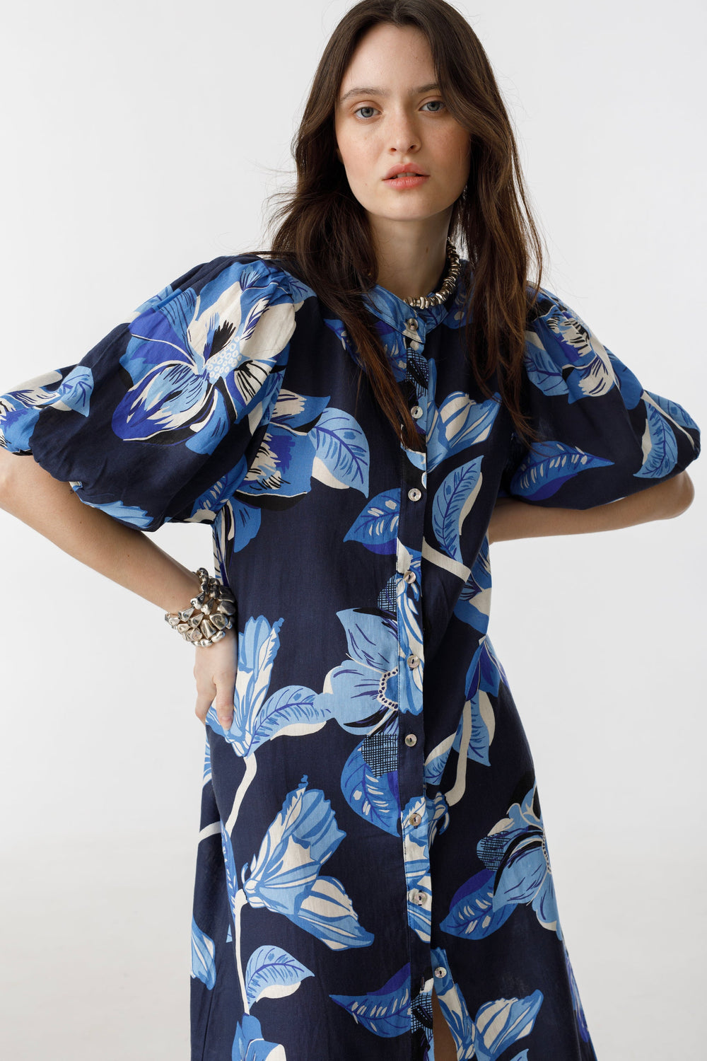 Bubble Linen Dress - Navy Hibiscus Print