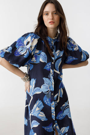 Bubble Linen Dress - Navy Hibiscus Print