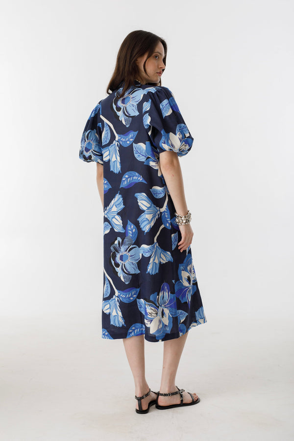 Bubble Linen Dress - Navy Hibiscus Print