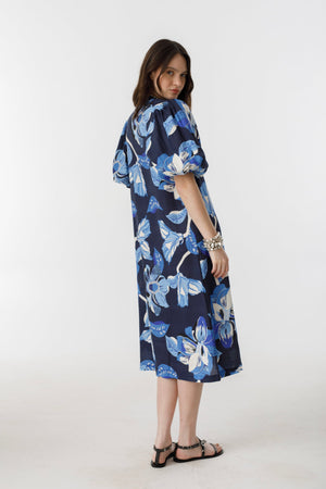 Bubble Linen Dress - Navy Hibiscus Print