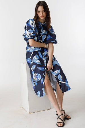 Bubble Linen Dress - Navy Hibiscus Print