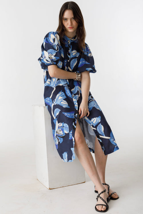 Bubble Linen Dress - Navy Hibiscus Print