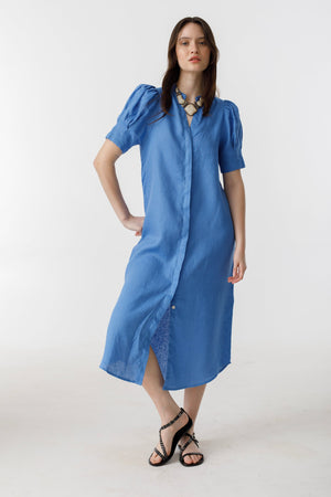 Athina Midi Linen Dress - Lanh Blue