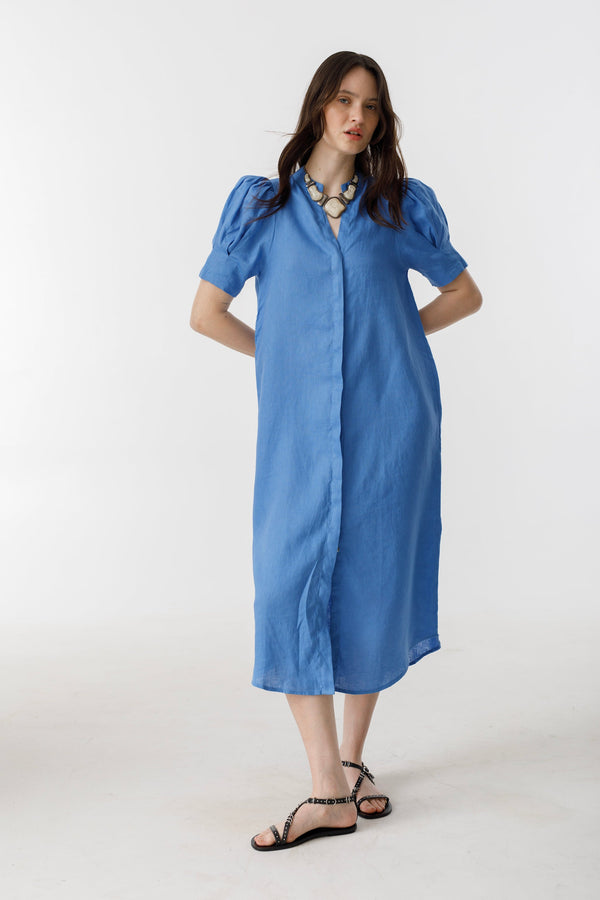 Athina Midi Linen Dress - Lanh Blue