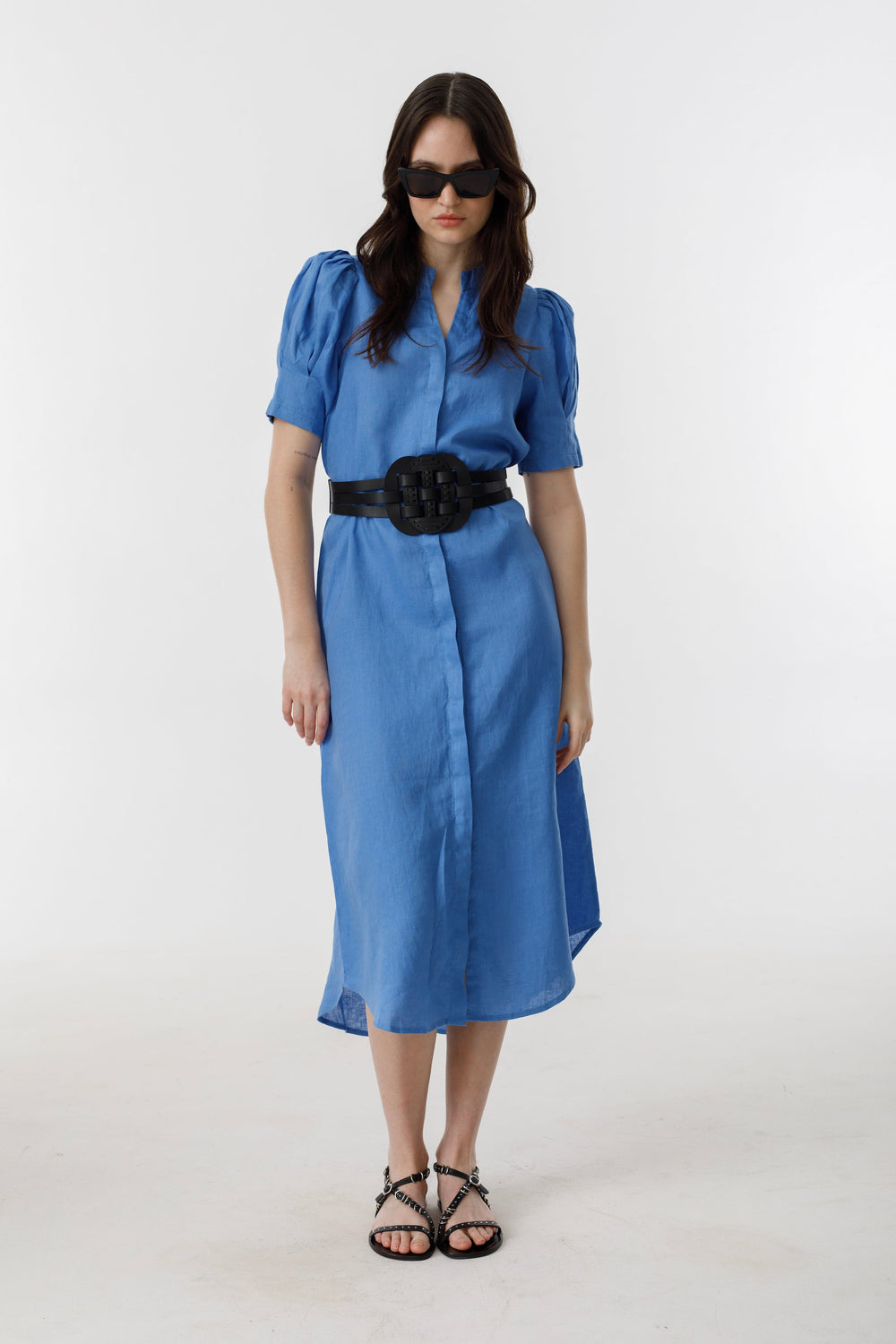 Athina Midi Linen Dress - Lanh Blue