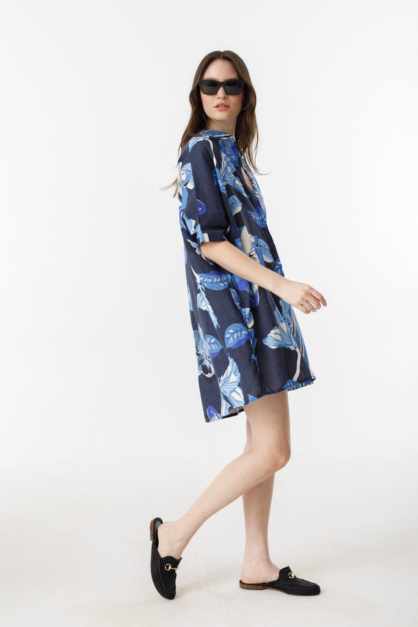 Lighthouse Linen Shirt Dress - Mix Blue Ivy Stripes and Navy Hibiscus Print
