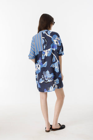 Lighthouse Linen Shirt Dress - Mix Blue Ivy Stripes and Navy Hibiscus Print