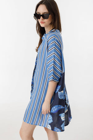 Lighthouse Linen Shirt Dress - Mix Blue Ivy Stripes and Navy Hibiscus Print