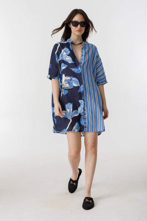 Lighthouse Linen Shirt Dress - Mix Blue Ivy Stripes and Navy Hibiscus Print