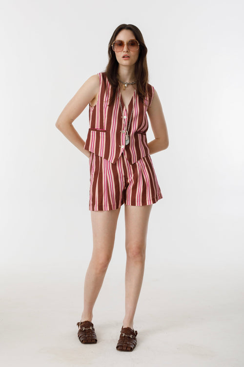 Jack Linen Vest - Bordeaux Ivy Stripes