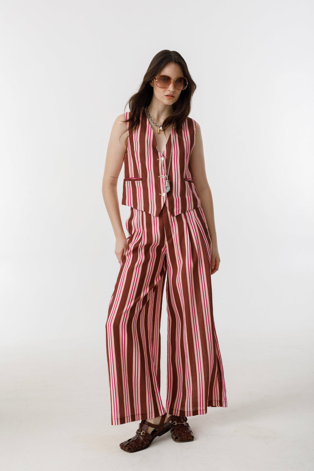 Culotte Linen Pants - Bordeaux Ivy Stripes