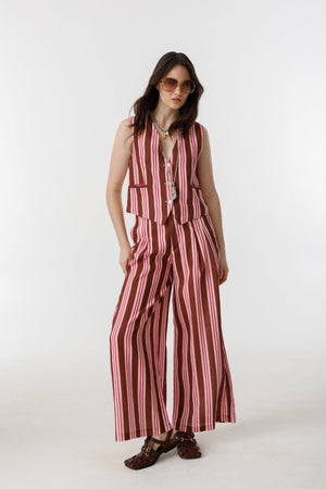 Culotte Linen Pants - Bordeaux Ivy Stripes
