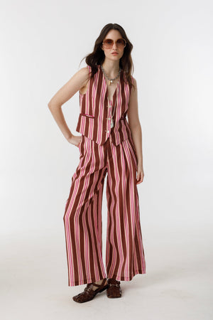 Culotte Linen Pants - Bordeaux Ivy Stripes