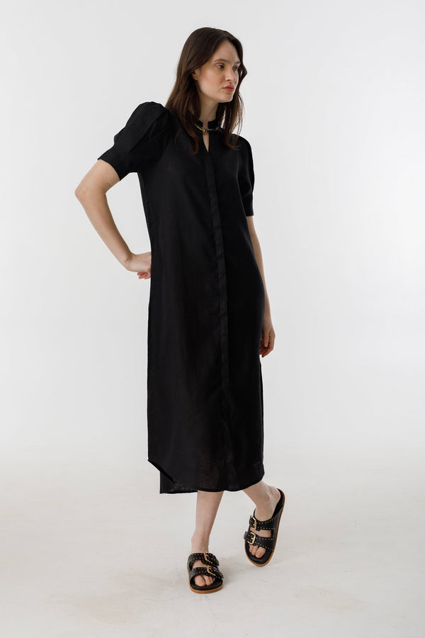 Athina Midi Linen Dress - Black