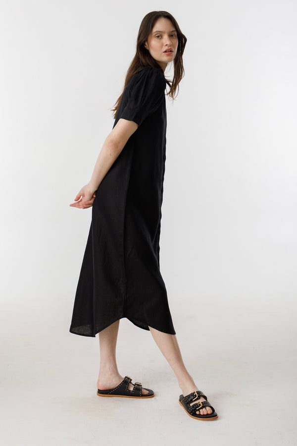 Athina Midi Linen Dress - Black