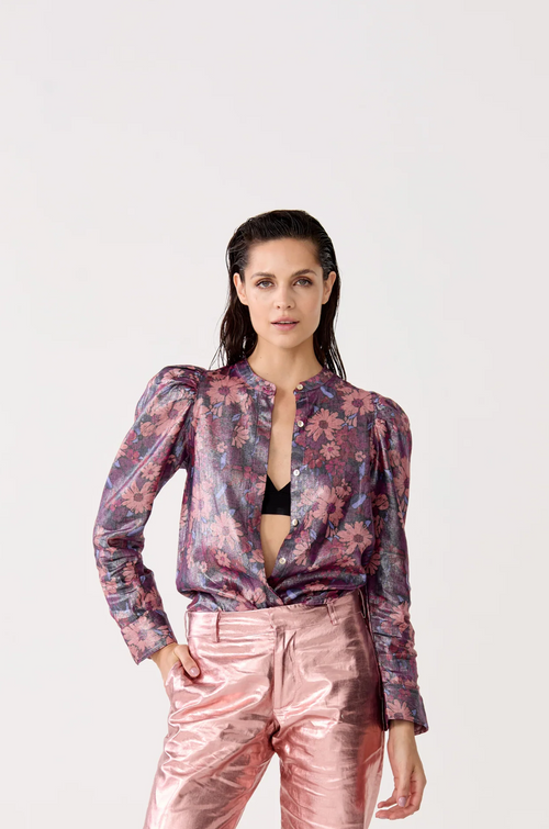 Lilium Metallic Linen Shirt - Gerbera Print
