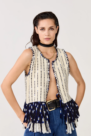 Western Merino Wool Vest - Natural with Navy Blue Fringes