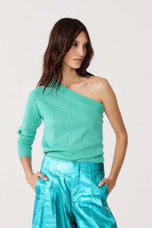 One Shoulder Glitter Knitted Top - Turquoise