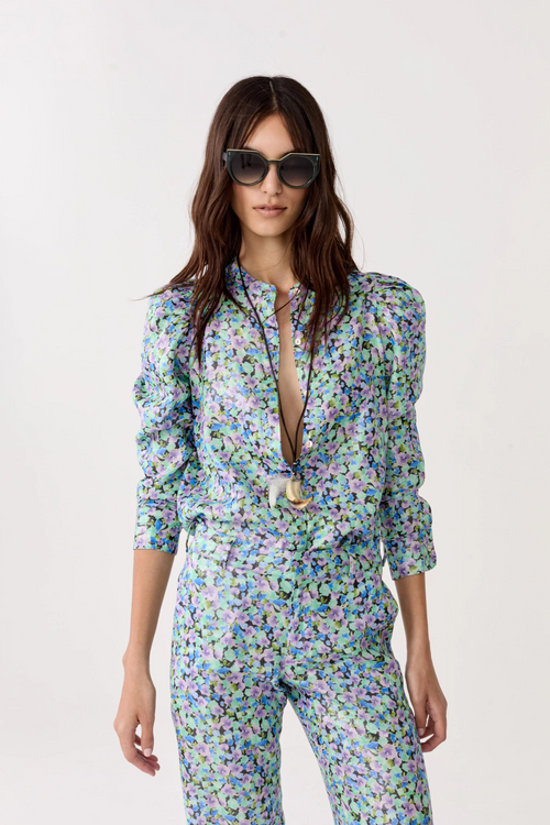 Lilium Metallic Linen Shirt - Meadow Print