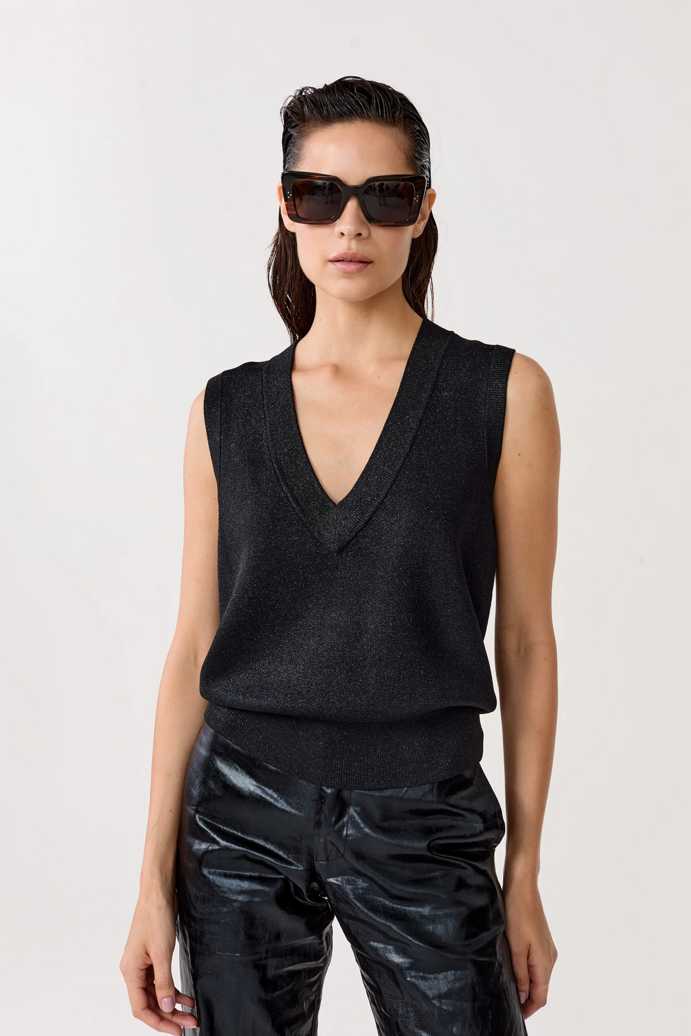 Preppy Lurex Knitted Vest - Black
