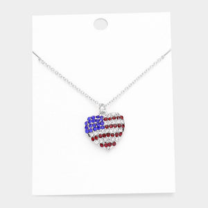 Women's Rhinestone Embellished American USA Flag Heart Pendant Statement Necklace 4th of July